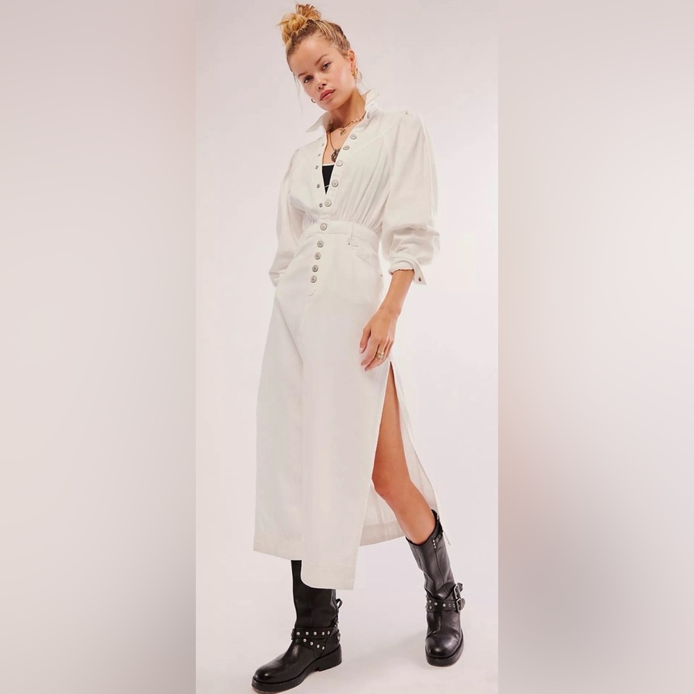 Free people mad love denim slit button front midi dress